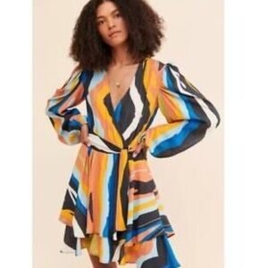 MEGAN RENEE TABITHA STYLE COLORFUL PRINT DRESS RUFFLE PUFF SLEEVES, XS
